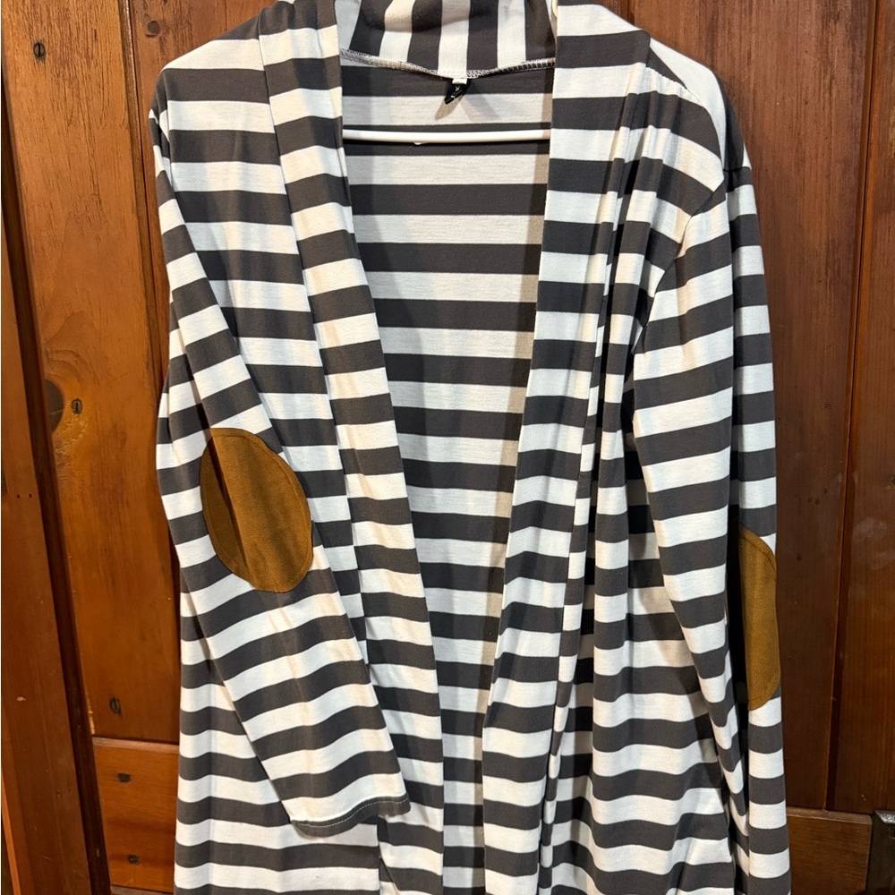 Elegant Striped Cardigan with Tan Elbow Patches